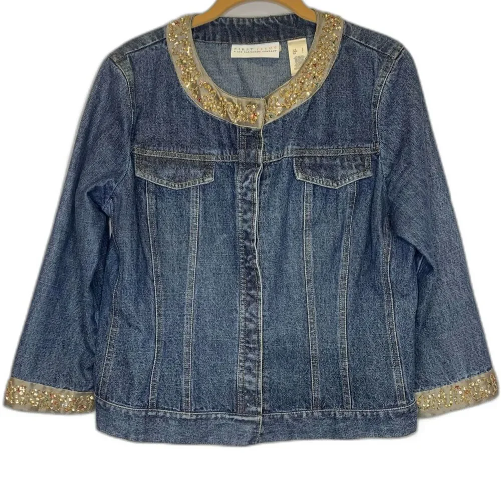 First Issue Womens Jean Jacket Sequined Trim Collar Cuffs Hidden Snaps‎ Large